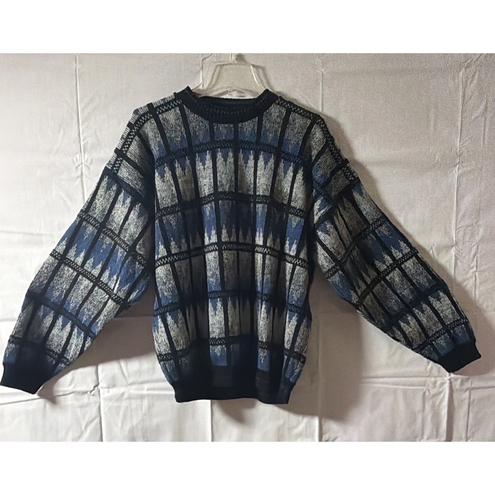 VTG 90's Protege Geometric Coogi Dadcore Style Sweater‎ Black Blue & Grey Large